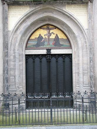 Luther's theses are engraved into the door of All Saints' Church, Wittenberg. The Latin inscription above informs the reader that the original door was destroyed by a fire, and that in 1857, King Frederick William IV of Prussia ordered a replacement be made.